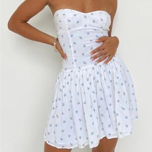 Princess Polly BETTE STRAPLESS MINI DRESS WHITE / BLUE